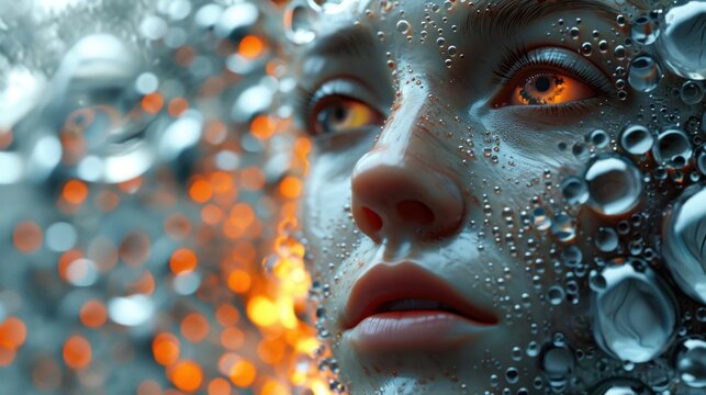 A close up of a woman's face with bubbles and fire, AI