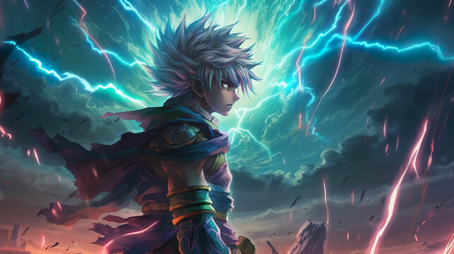 Anime-Krieger im epischen Sturm der Elemente