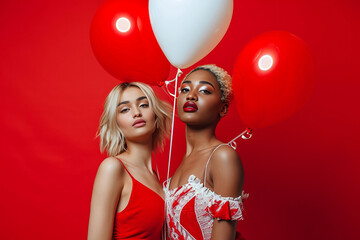 The joy of love as a multiethnic lesbian couple holds a red heart against a vibrant red backdrop, embodying the happiness of Valentine's Day. Generative AI.