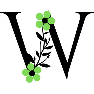Ilustración de la letra W decorada con flores y hojas.