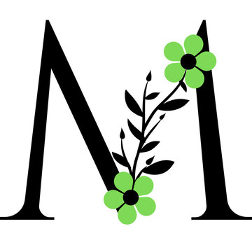 Ilustración de la letra M decorada con flores y hojas.