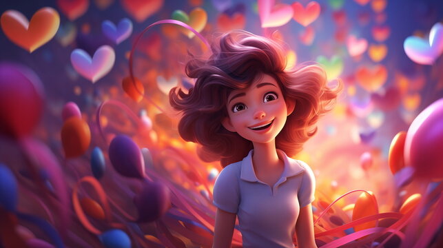 Cute cartoon girl feels being in love. Adoration, amorousness, affection, crush, happiness concept wallpaper.