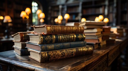 a pile of old books on a table with a bookshelf in the background