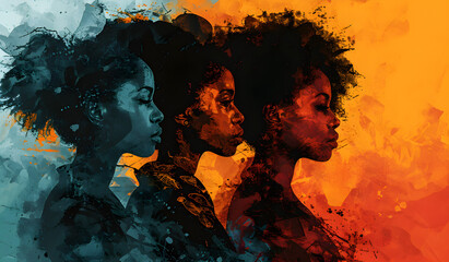 digital illustration of the silhouette of African women on a clean background, representing Black History Month (BHM) and the Black Lives Matter (BLM) concept, - obrazy, fototapety, plakaty