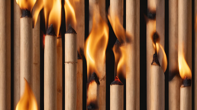 close up of a row of chopsticks hot fire background,wooden, utensils, background, red, glowing
