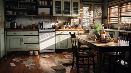 old kitchen with dirty floor, broken equipment, peeling paint on the walls - obrazy, fototapety, plakaty