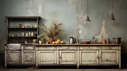 Papier Peint photo Vielles portes old kitchen with dirty floor, broken equipment, peeling paint on the walls