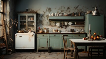 old kitchen with dirty floor, broken equipment, peeling paint on the walls