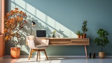 Modern minimal home office workplace background decorated with plants and minimalist furniture