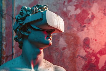 A stone stoic sculpture, statue of a person wearing a VR, virtual reality headset portraying the combination of technology and ancient art.