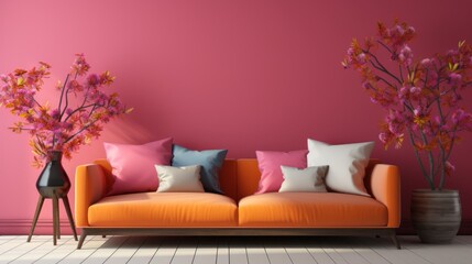 Comfortable sofa with orange pillows with plants beside the sofa, against an empty fuchsia wall