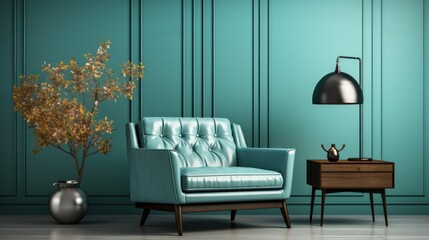 living room with turquoise green walls with chairs, center table with lamp frame, vase of plants