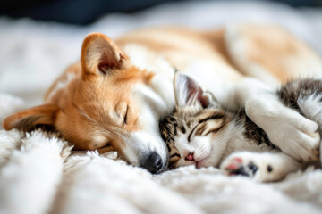a puppy is sleeping next to a kitten on a bed