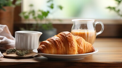 Croissants and coffee on the kitchen counter on the table