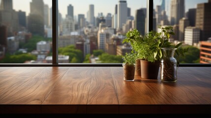 view of the table near the window in the middle there are plants with a view of the city - Powered by Adobe