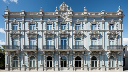 Fototapeta na wymiar Fragment of historic building facade with front view on sunny day