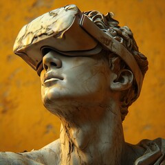 Obraz premium A stone stoic sculpture, statue of a person wearing a VR, virtual reality headset portraying the combination of technology and ancient art.