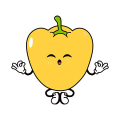 Bell pepper doing yoga character. Vector hand drawn traditional cartoon vintage, retro, kawaii character illustration icon. Isolated on white background. Bell pepper relax character