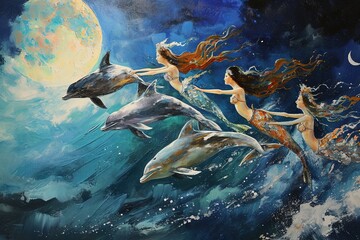 cartoon mermaids riding dolphins to the moon