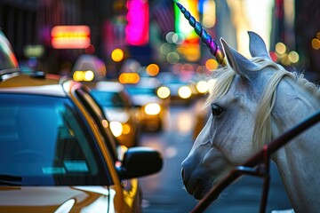 Unicorn Taxi Fleet: Envision a bustling cityscape where unicorns serve as taxis, transporting passengers with their majestic horns through vibrant street