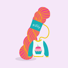 Flat Design Happy Birthday  Illustration with Thread Braids and Sweater