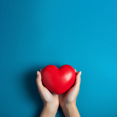 The essence of love with hands presenting a red heart on a serene blue background, an eloquent symbol of affection. Generative AI.