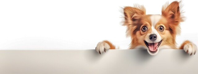  photorealistic 3D caricature of an adorable dog peeking over a ledge with a joyful expression, set against a clean white background - obrazy, fototapety, plakaty