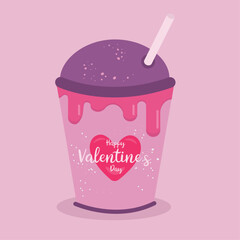Flat Design  Happy Valentine's Day Illustration with Takeaway Cup of Hot Drink and Pink Cream 
