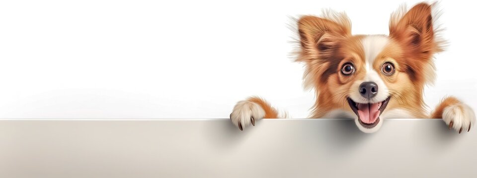  photorealistic 3D caricature of an adorable dog peeking over a ledge with a joyful expression, set against a clean white background