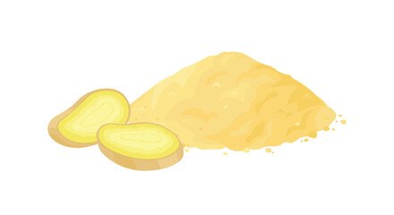 Ginger powder pile and sliced ginger root. Vector cartoon flat illustration spicy spice seasoning. 