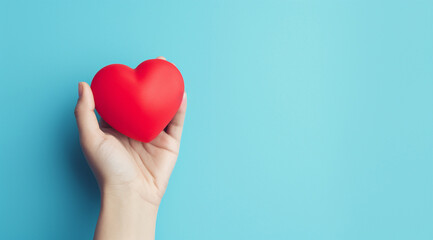 Obraz premium The essence of love with hands presenting a red heart on a serene blue background, an eloquent symbol of affection. Generative AI.