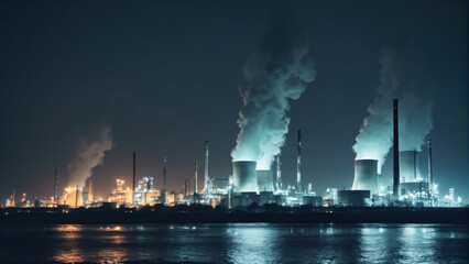 factory production at night on the river or sea bank smoke from chimneys environmental pollution