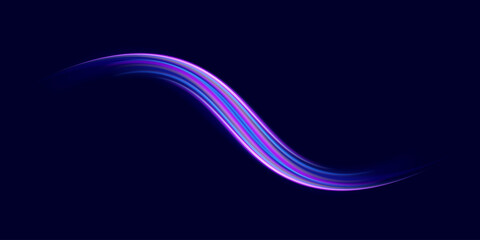 Light trail wave effect. Abstract motion lines, glowing headlights and optical fiber, PNG glow curve swirl, road car headlights and glowing white speed lines on a swirl light on the road.