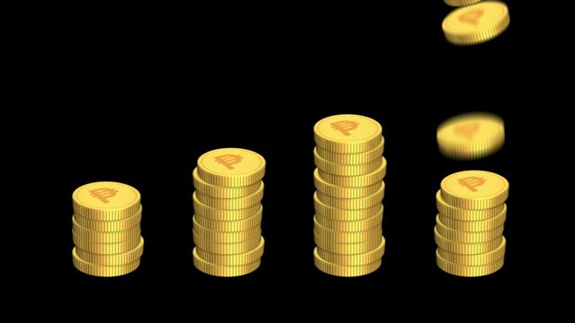 3D Animation of Gold coin with the Philippines currency symbol "Peso" Falling from above become an increase pile of coin, transparent background embed.