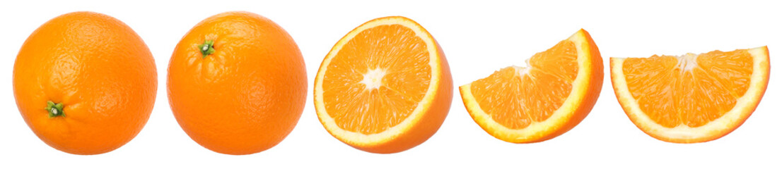 Orange fruit, half and slices isolated, Orange fruit macro studio photo, transparent PNG, collection, PNG format