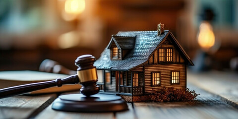 Judge's gavel on the background of the house, court proceedings related to the purchase of the sale of real estate - obrazy, fototapety, plakaty
