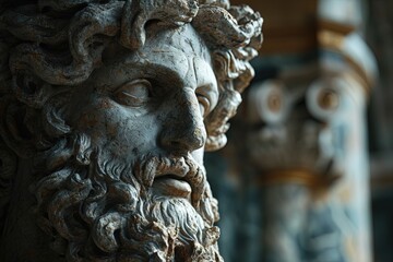 A stone stoic sculpture, statue of a person in a beautiful environment.