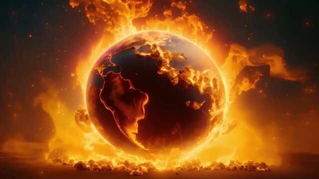 Video AI of globe burning in flames, global warming and climate change concept