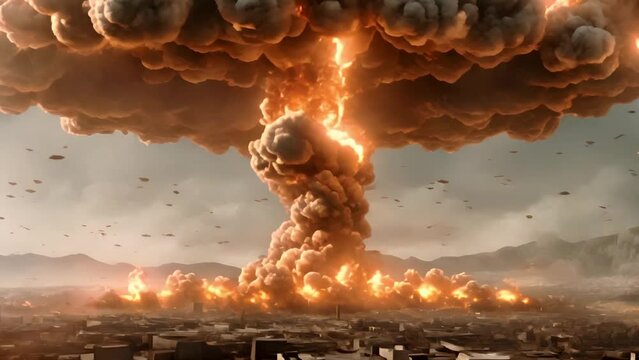 Video AI Nuclear explosion in the middle of the city, World War 3 concept