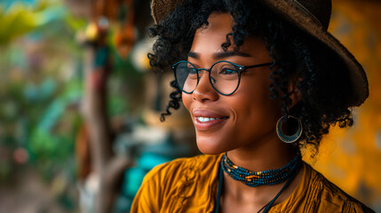 Afro woman with curly hair wearing a straw hat and prescription glasses - obrazy, fototapety, plakaty