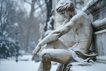 Fototapeta premium A stone stoic sculpture, statue of a person in a beautiful environment.