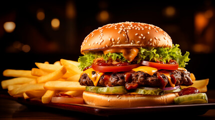 delicious burger with traditional ingredients on a wooden table with french fries - obrazy, fototapety, plakaty