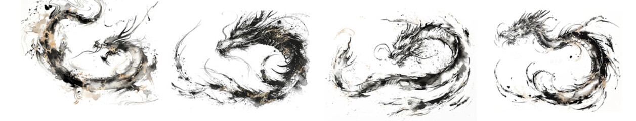 Year of the Dragon 2024 Elegant New Year's Set with Gold Accents Dragon, Ink Brush Writing, and Intricate Dragon Illustrations.