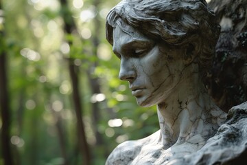 A stone stoic sculpture, statue of a person in a beautiful environment.