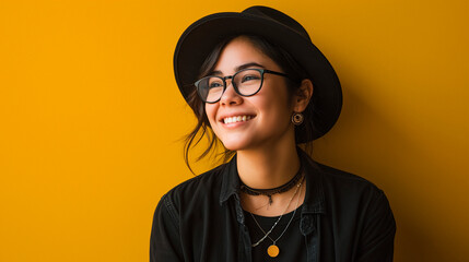 Beautiful young woman, smiling, in hat and black clothes and wearing glasses. - Powered by Adobe