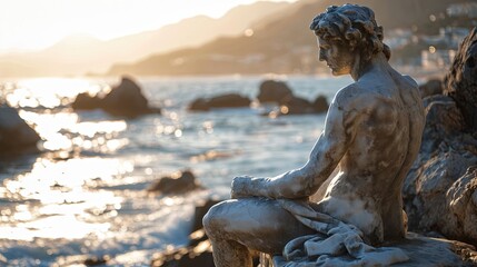 A stone stoic sculpture, statue of a person in a beautiful environment.