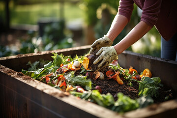 A person composting organic waste in a backyard compost bin. - obrazy, fototapety, plakaty