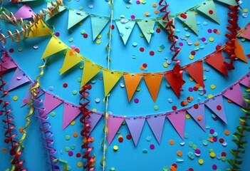 colorful party paper bunting with confetti on blue