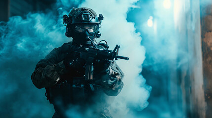 SWAT officer in tactical gear, action pose, amidst a smoke-filled room, direct eye contact