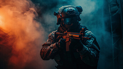 SWAT officer in tactical gear, action pose, amidst a smoke-filled room, direct eye contact - obrazy, fototapety, plakaty